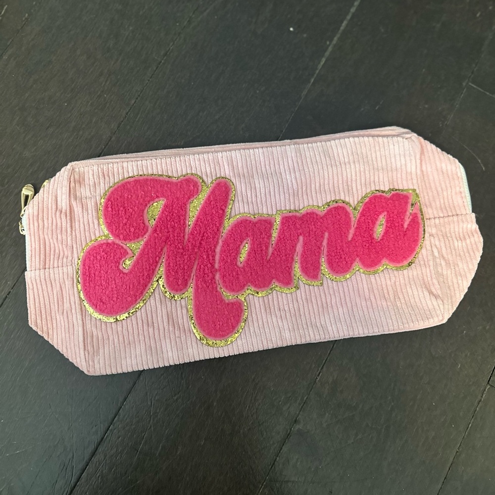 Pink MAMA Corduroy Zipper Pouch • Chenille Patch Makeup Bag • Mom Gift retro bag